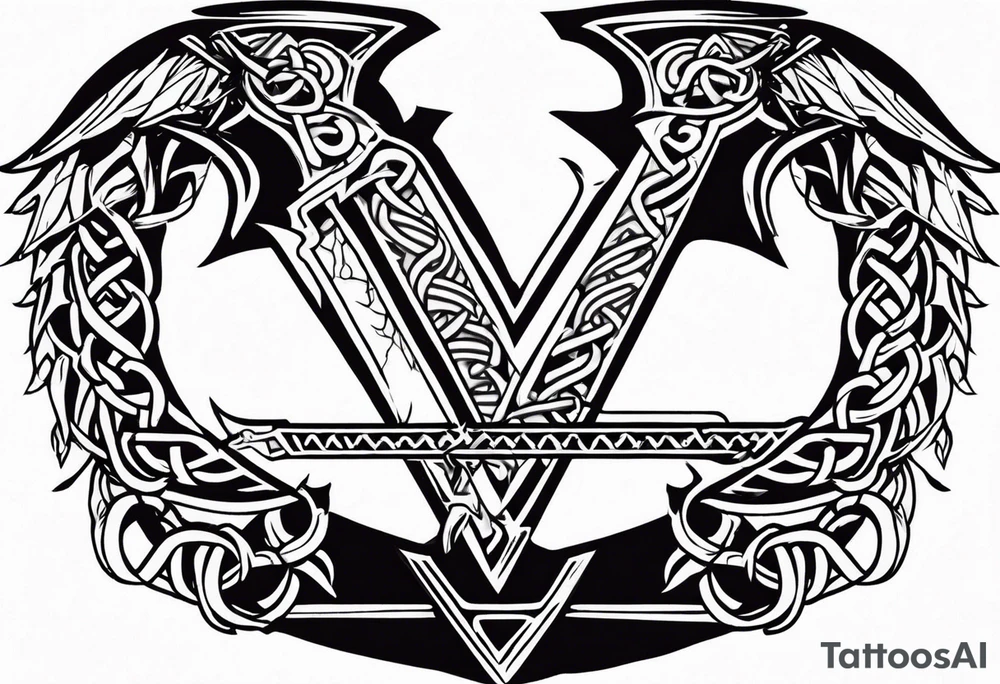 Valhalla sword shield dragon axe Valknut barbed wire chains tribal tattoo idea Valhalla sword shield dragon axe Valknut barbed wire chains tribal tattoo idea