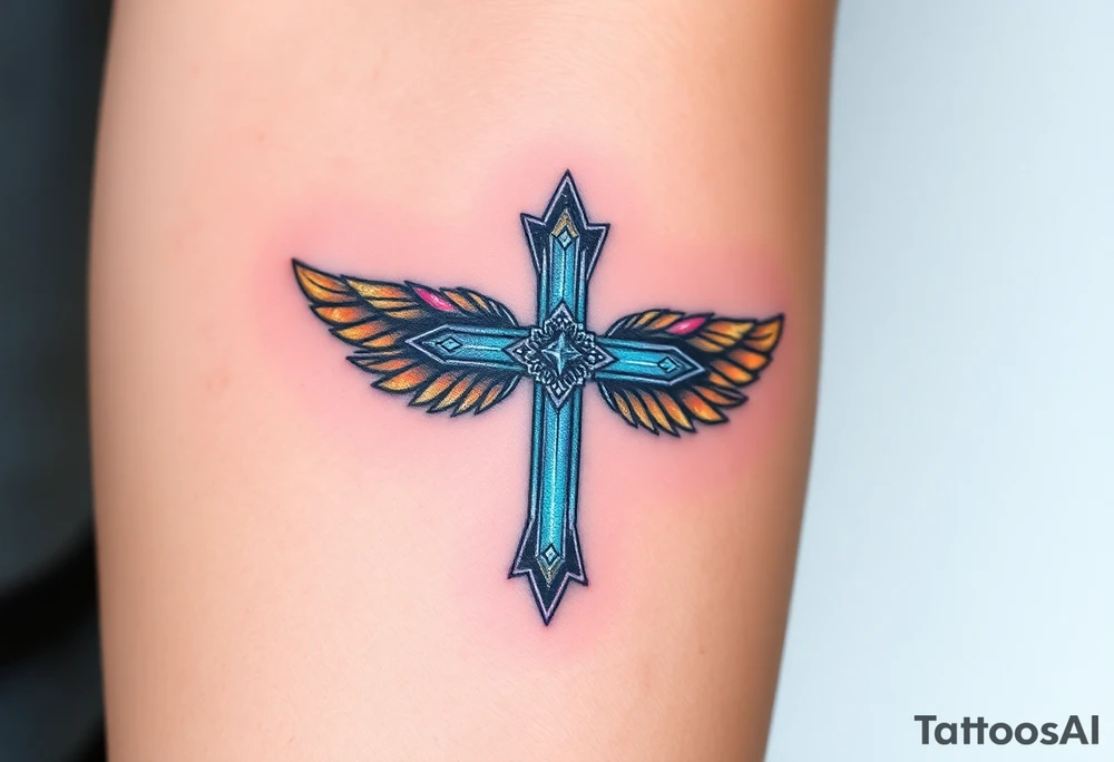 A glowing silver cross with floating feathers, each reflecting hints of pink, blue, and soft gold tattoo idea