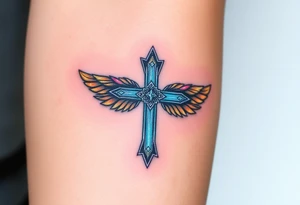 A glowing silver cross with floating feathers, each reflecting hints of pink, blue, and soft gold tattoo idea