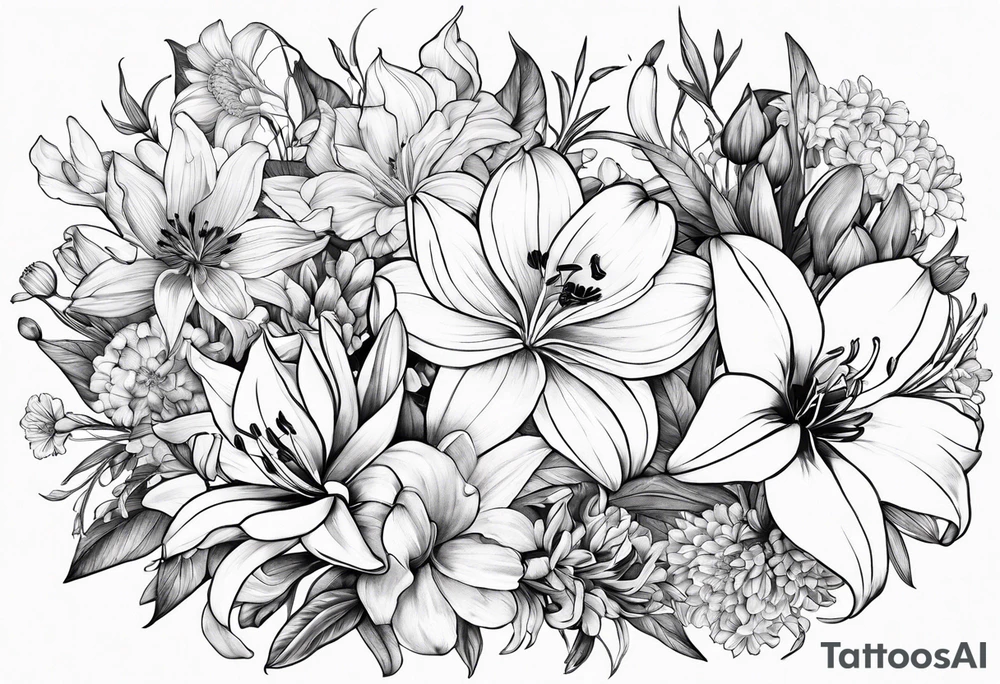 lily, marigold, tulip, cosmo, and aster tattoo idea
