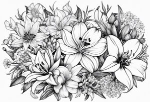 lily, marigold, tulip, cosmo, and aster tattoo idea