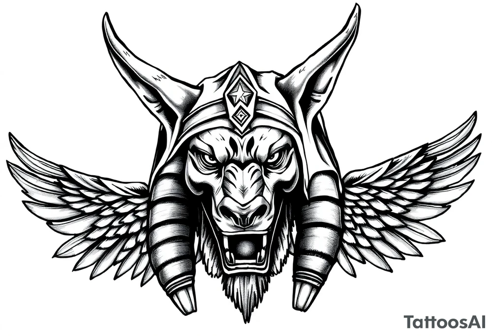 Egyptian Anubis god powerful face muscle in Egypt style with mantle on head dog face surrounded Egyptian symbols tattoo idea