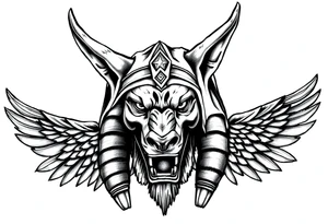 Egyptian Anubis god powerful face muscle in Egypt style with mantle on head dog face surrounded Egyptian symbols tattoo idea