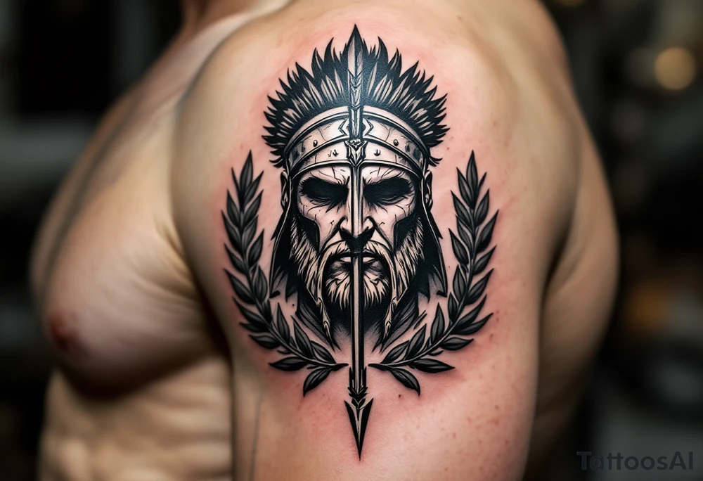 Rome warrior that from his face come down a long arrow and surrounded by a olive tree leaf around tattoo idea