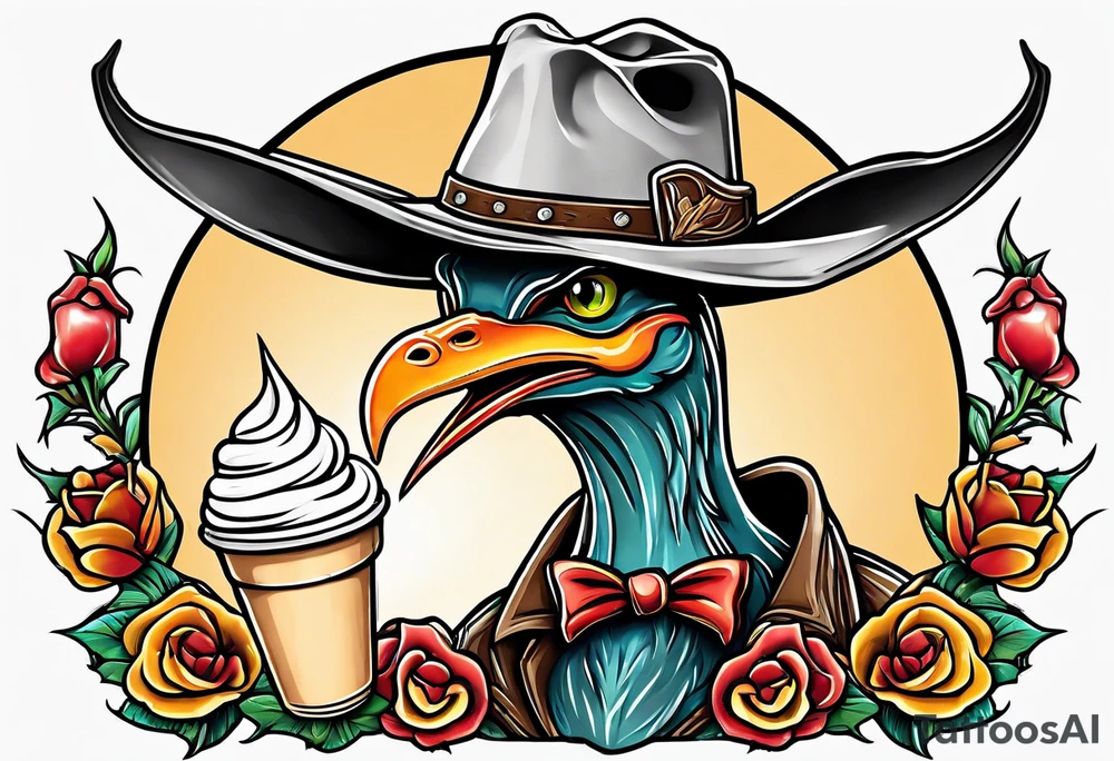 Pterodactyl wearing a cowboy hat eating ice cream sundae tattoo idea
