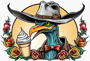 Pterodactyl wearing a cowboy hat eating ice cream sundae tattoo idea