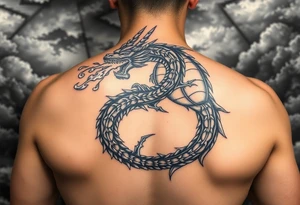 fierce dragon breathing iridescent fire against stormy skies tattoo idea