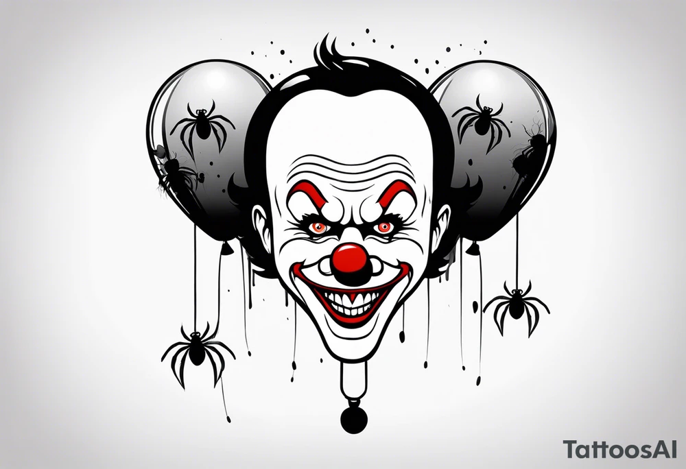 penny wise  the clown 
face on a floating balloon with spiders crawling on the balloon and bats flying around "We All Float" in background tattoo idea