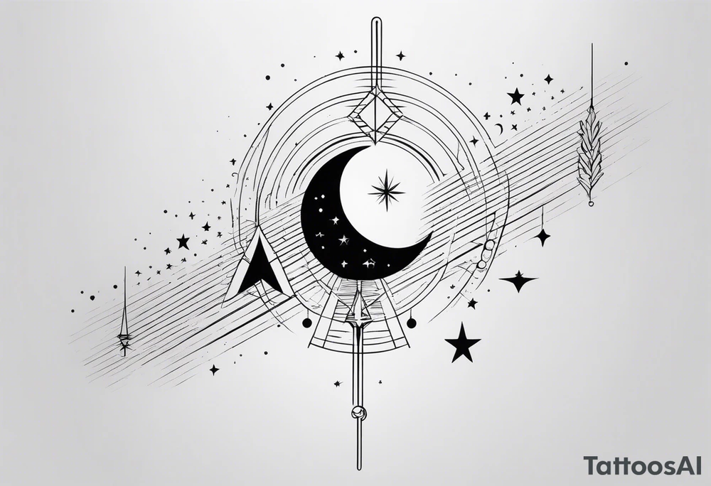 Long narrow line spine tattoo. Includes moon, stars and ancient symbols. Minimal design. tattoo idea