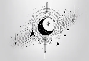 Long narrow line spine tattoo. Includes moon, stars and ancient symbols. Minimal design. tattoo idea