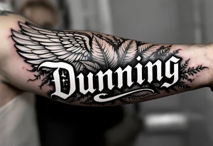 Dunning, left forearm details include angel wing, greek type of font,jungle leaves, name is big and in white color tattoo idea