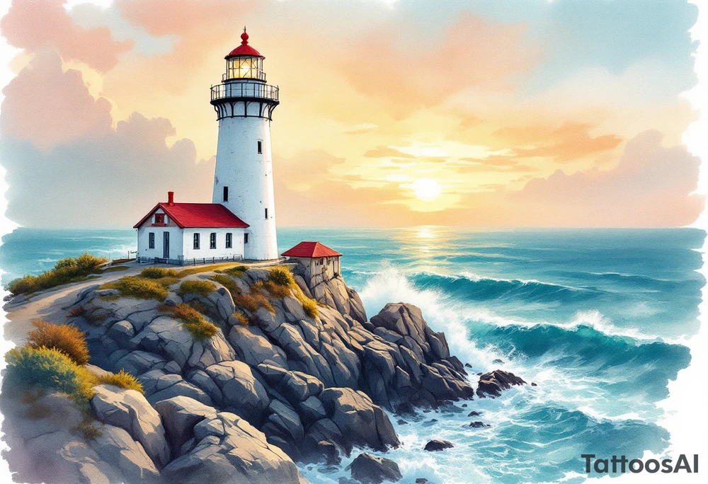 A tall, weathered white lighthouse with a bright red roof and railing, standing boldly on a rocky cliff surrounded by crashing teal-blue waves and glowing under a golden-orange sunset sky. tattoo idea