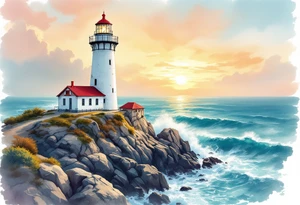 A tall, weathered white lighthouse with a bright red roof and railing, standing boldly on a rocky cliff surrounded by crashing teal-blue waves and glowing under a golden-orange sunset sky. tattoo idea