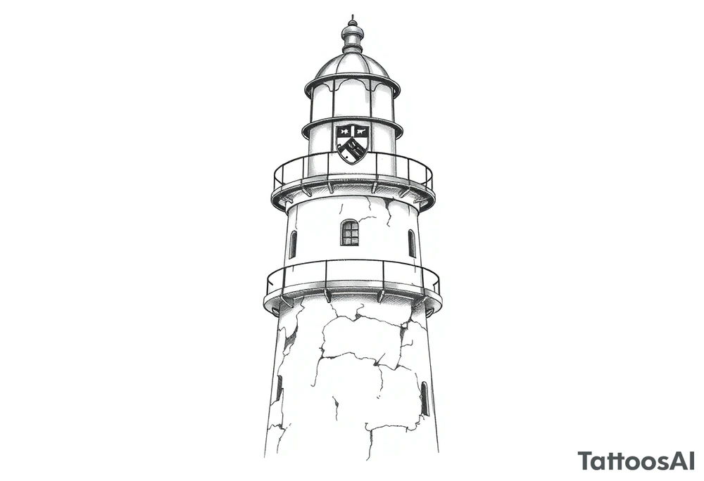 a whole lighthouse with a coat of arms incorporated into the roof tattoo idea