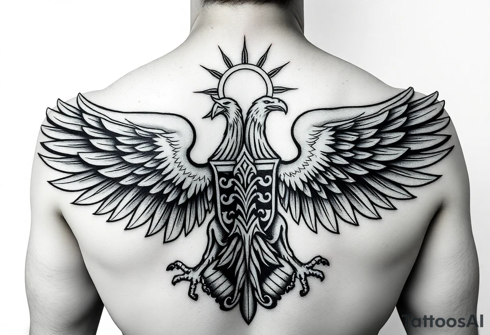 i am looking at getting a russian / serbian style double headed eagle like the coat of arms spread out on my back neck across my shoulders / traps in a orthodox christian church style setting with a sun beaming and in a mountainous setting, such as a Sovereign of the Mountain tattoo idea