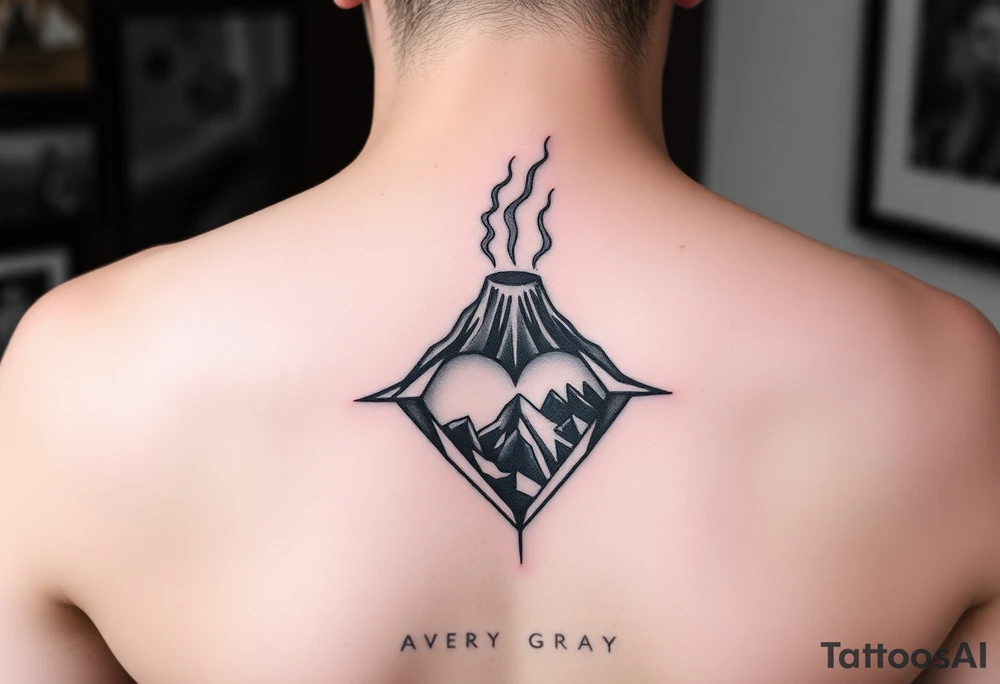 Female Geometric Volcano tattoo erupting in a heart with text Avery Gray tattoo idea