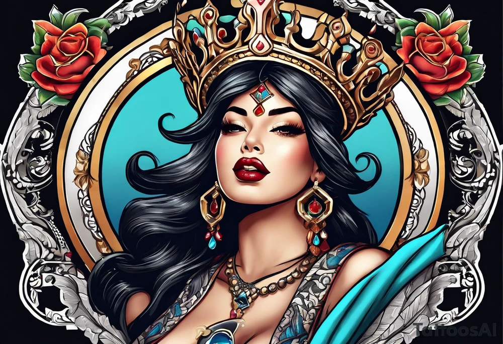 Latina Queen ahegao, drooling, happy, Spade Symbol with letter Q in the center of the spade framed, surrounded by whitespace tattoo idea