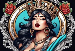 Latina Queen ahegao, drooling, happy, Spade Symbol with letter Q in the center of the spade framed, surrounded by whitespace tattoo idea