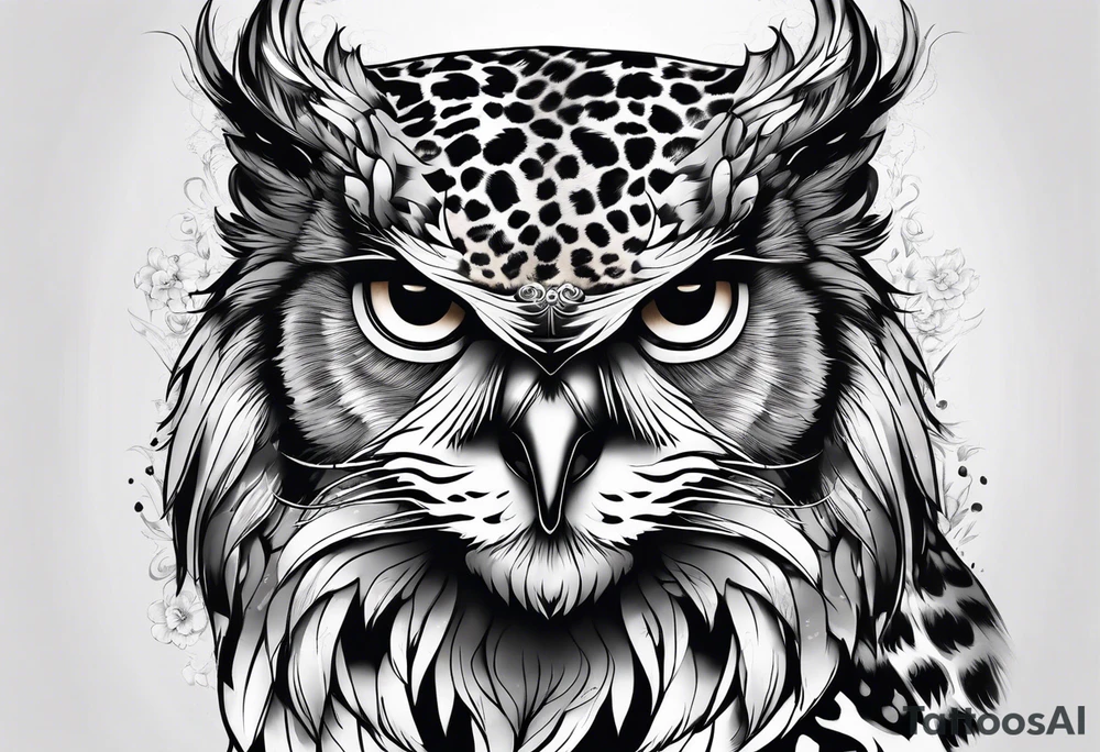 Transition between owl and leopard tattoo idea