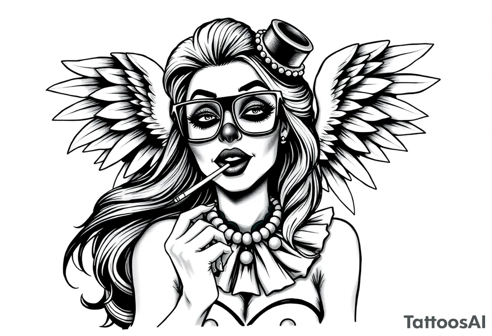 beautiful long hair pin up Clown Girl pays thug eyeglasses  angelic wings smoking a cigarette tattoo idea