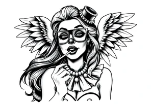 beautiful long hair pin up Clown Girl pays thug eyeglasses  angelic wings smoking a cigarette tattoo idea