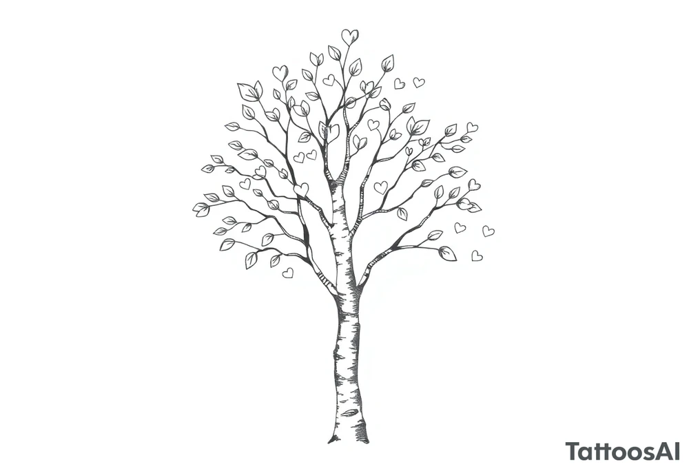 birch tree with leaves and hearts around it tattoo idea