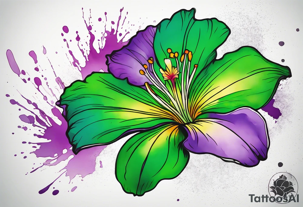An outline of an only green rio dipladenia flower and a green and purple watercolor splash in the background tattoo idea