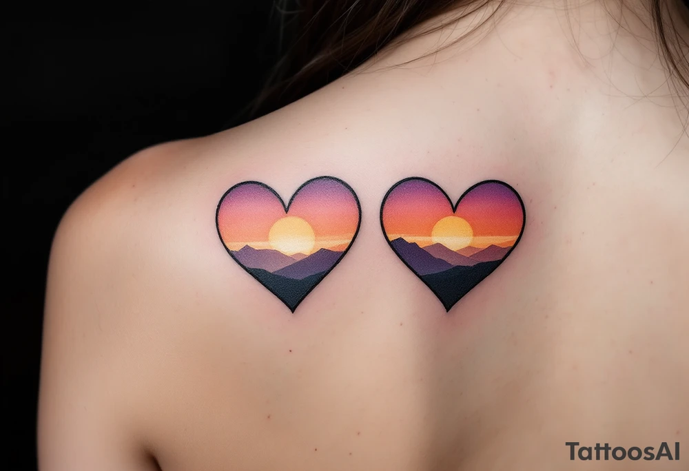 Hearts shaded with a sunset gradient of orange, pink, and purple across each partner shoulder blades. tattoo idea
