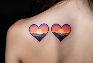 Hearts shaded with a sunset gradient of orange, pink, and purple across each partner shoulder blades. tattoo idea