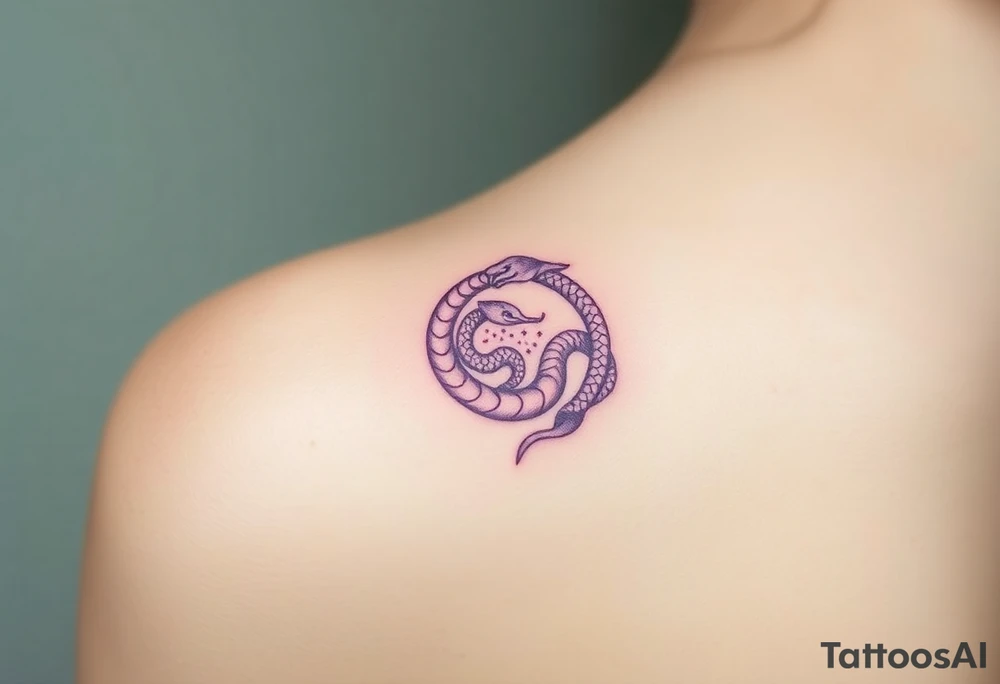 A lilac and golden Ouroboros snake forming cyrcle, with cosmic patterns resembling a swirling galaxy within its body. tattoo idea
