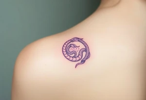 A lilac and golden Ouroboros snake forming cyrcle, with cosmic patterns resembling a swirling galaxy within its body. tattoo idea