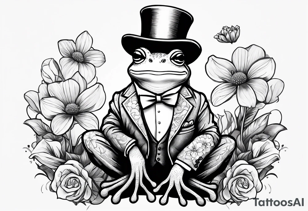 Cute Frog smiling wearing top hat and a suit standing on its Back legs while holding flowers tattoo idea