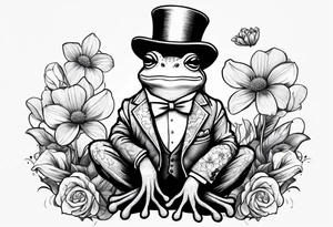 Cute Frog smiling wearing top hat and a suit standing on its Back legs while holding flowers tattoo idea