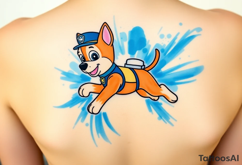 A dynamic silhouette of Paw Patrol member Chase in mid-leap, surrounded by blue energy lines, creating a sense of speed. tattoo idea