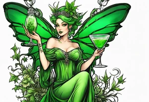 green fairy holding a glass of absinthe, wormwood and star anise trim tattoo idea