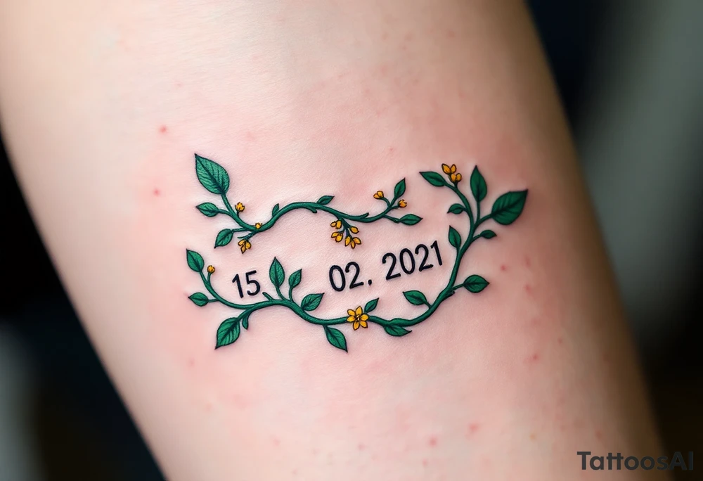 Luyky 15. 02. 2021 – Deep emerald green vine twisting around Lucas's birthdate, with small yellow blooms dotting the numbers. tattoo idea