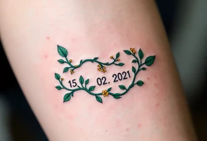 Luyky 15. 02. 2021 – Deep emerald green vine twisting around Lucas's birthdate, with small yellow blooms dotting the numbers. tattoo idea