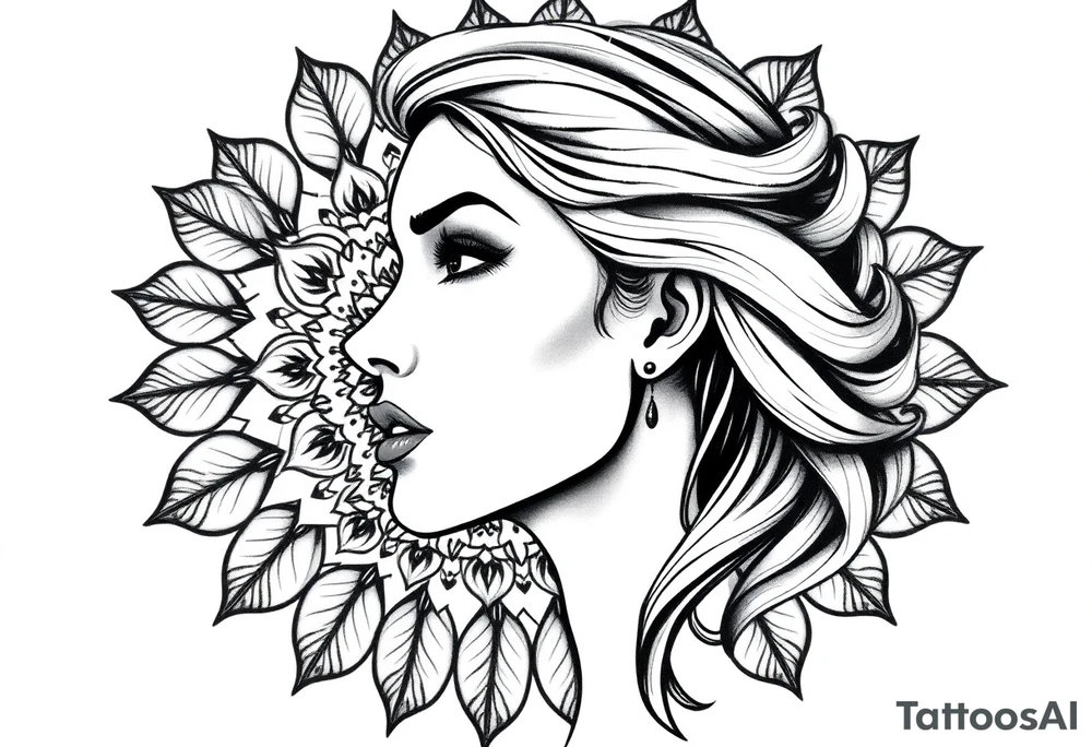 Powerful side profile woman’s face with mandala background tattoo idea