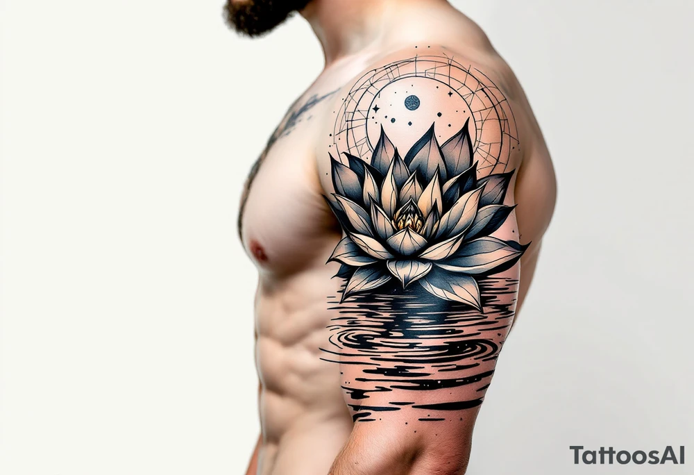 serene lotus flower emerging from sacred waters with ripples tattoo idea