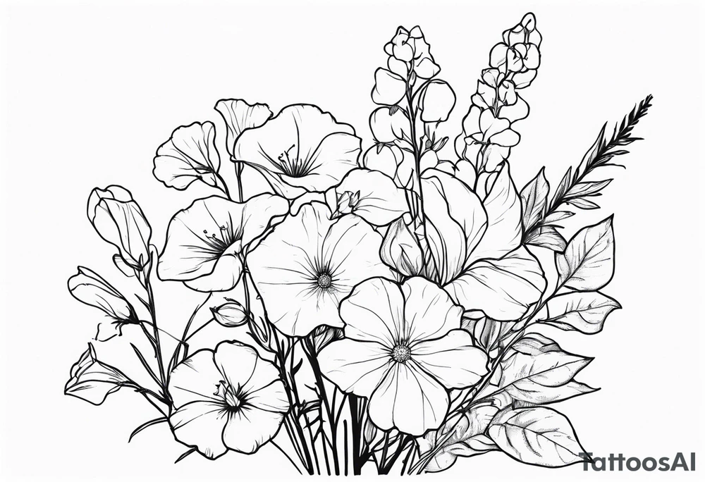 a vertical flower bouquet including sweet pea, larkspur, morning glory and cosmos tattoo idea