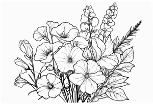 a vertical flower bouquet including sweet pea, larkspur, morning glory and cosmos tattoo idea