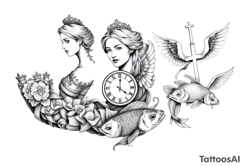 Princess and beautifully lady and a clock and cupido angels an jesus on cross and carp fish tattoo idea