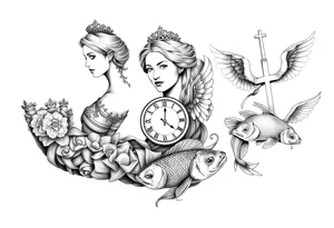 Princess and beautifully lady and a clock and cupido angels an jesus on cross and carp fish tattoo idea