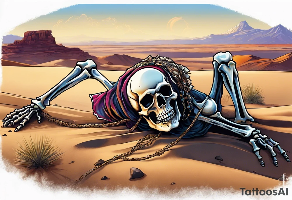 skeleton crawling towards a cross in a desert tattoo idea