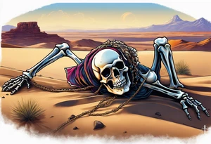 skeleton crawling towards a cross in a desert tattoo idea