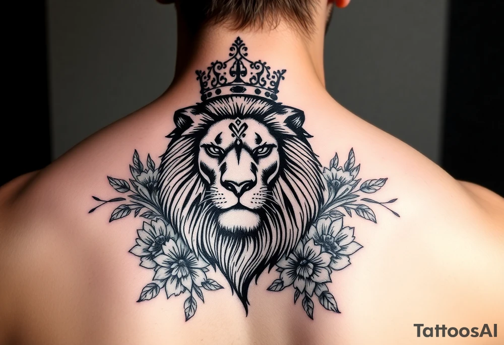 powerful majestic lion with a crown, surrounded by floral ornaments and birds tattoo idea