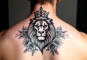 powerful majestic lion with a crown, surrounded by floral ornaments and birds tattoo idea