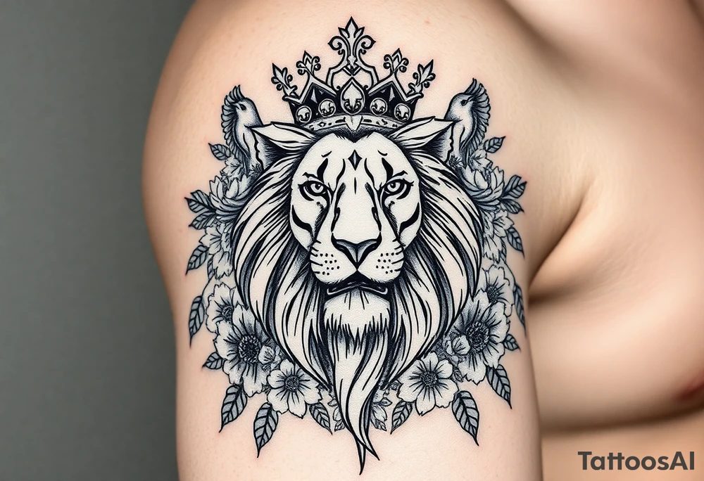 powerful majestic lion with a crown, surrounded by floral ornaments and birds tattoo idea