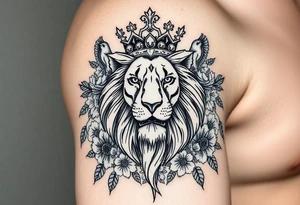 powerful majestic lion with a crown, surrounded by floral ornaments and birds tattoo idea