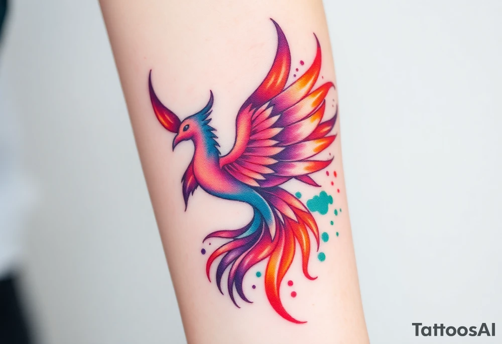 Phoenix with blazing flames with purple, orange, teal and green splashes tattoo idea